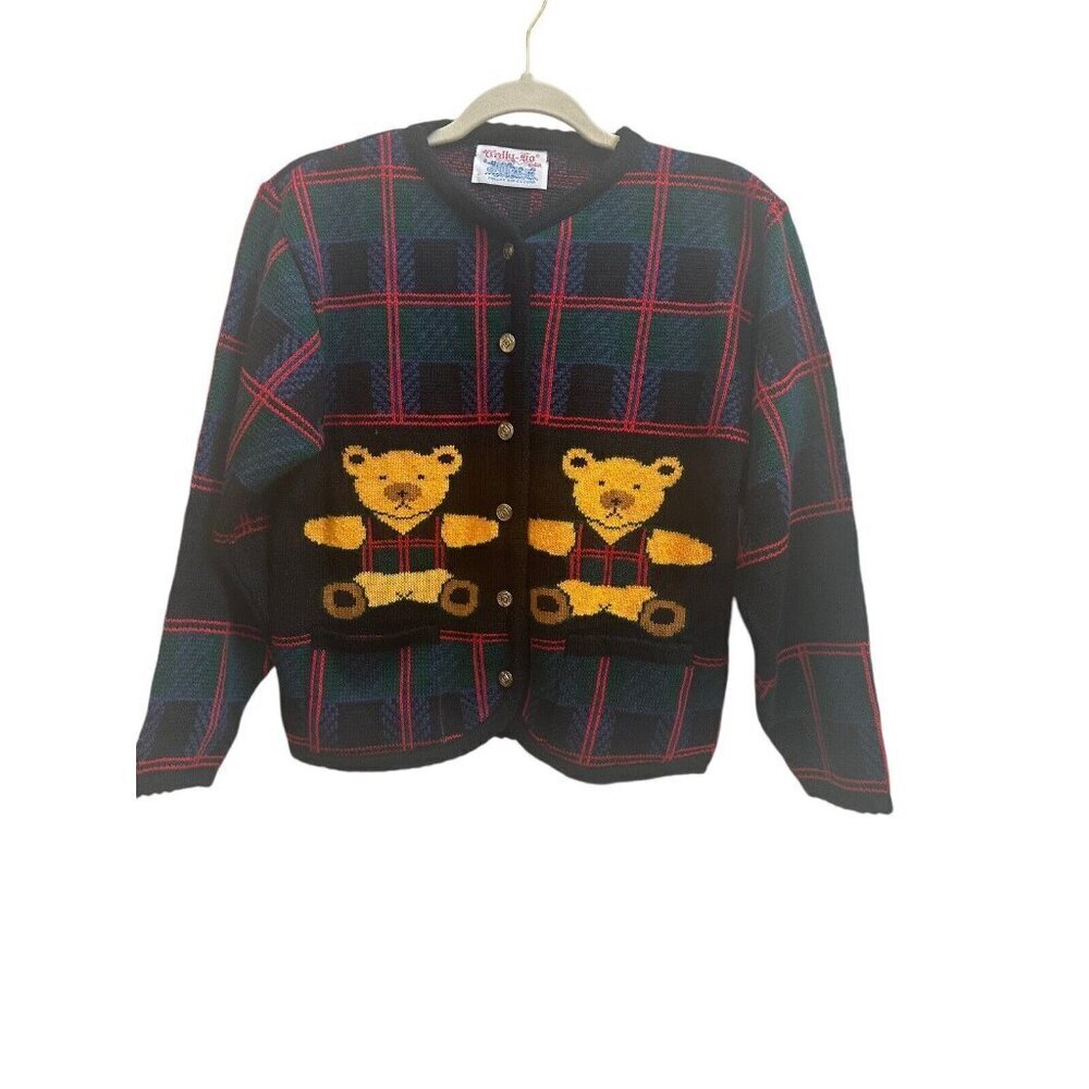 Tally Ho Sweater Cardigan Vtg 90s Plaid Teddy Bear Knit Womens Small - Picture 3 of 9